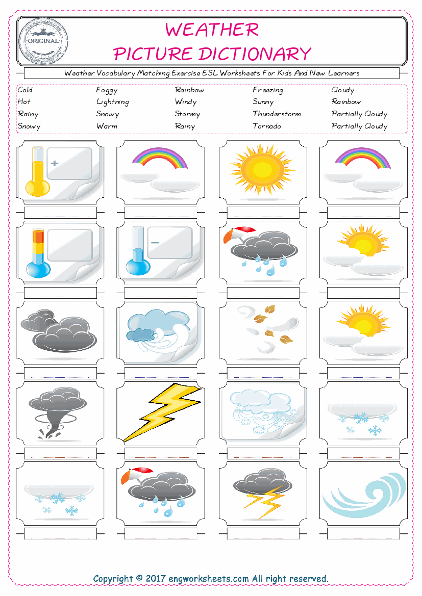  Weather for Kids ESL Word Matching English Exercise Worksheet. 